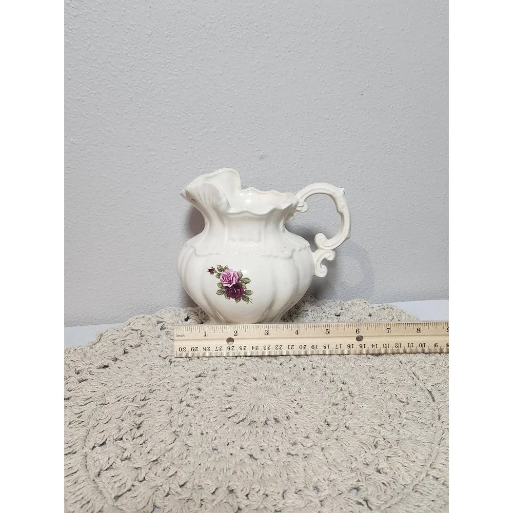 Vintage Cream Ceramic Floral Pitcher Purple Rose Decorative Vase Scalloped Rim